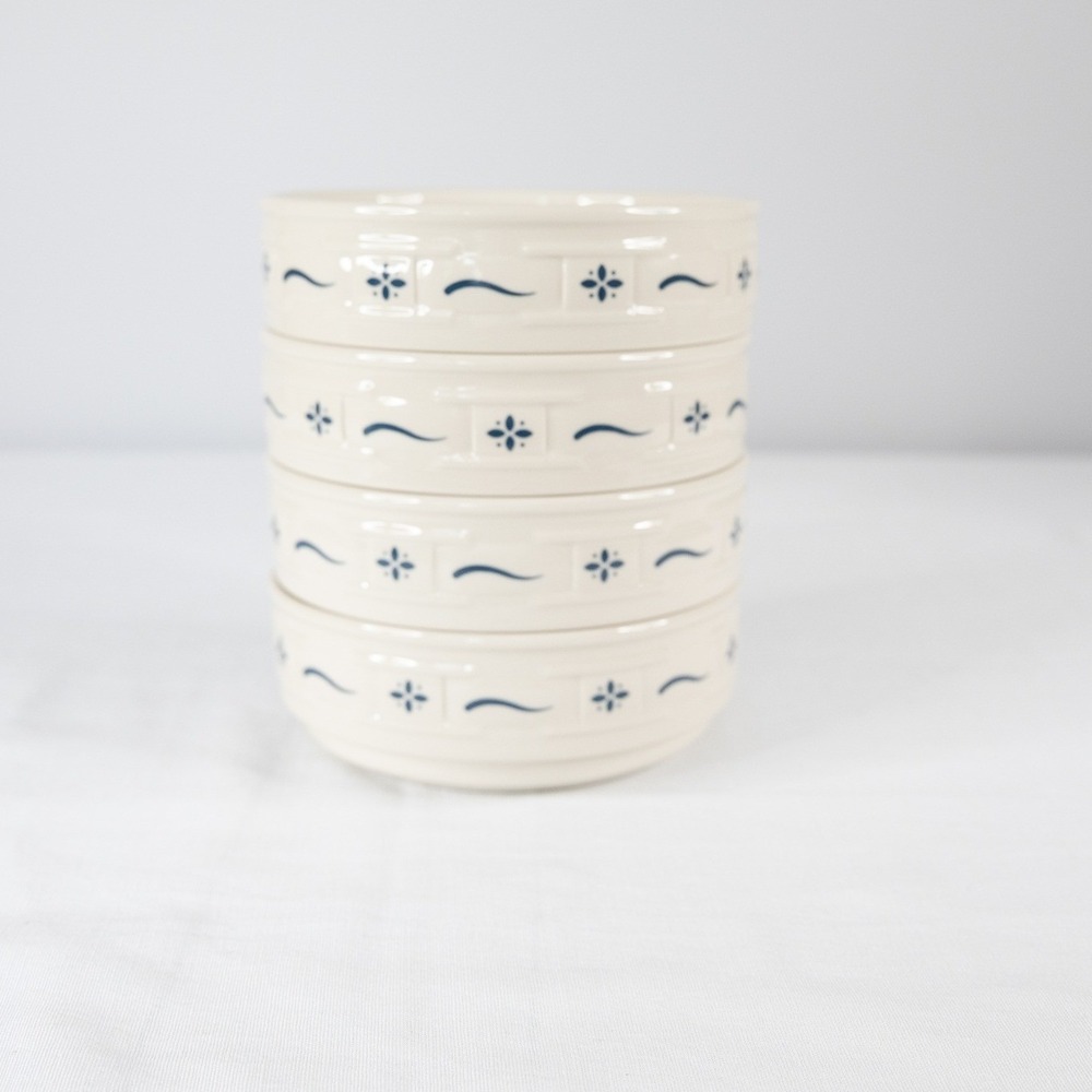 Longaberger Woven Traditions 6" Bowls Set of 4 Ivory Blue Excellent Pottery - Picture 9 of 9